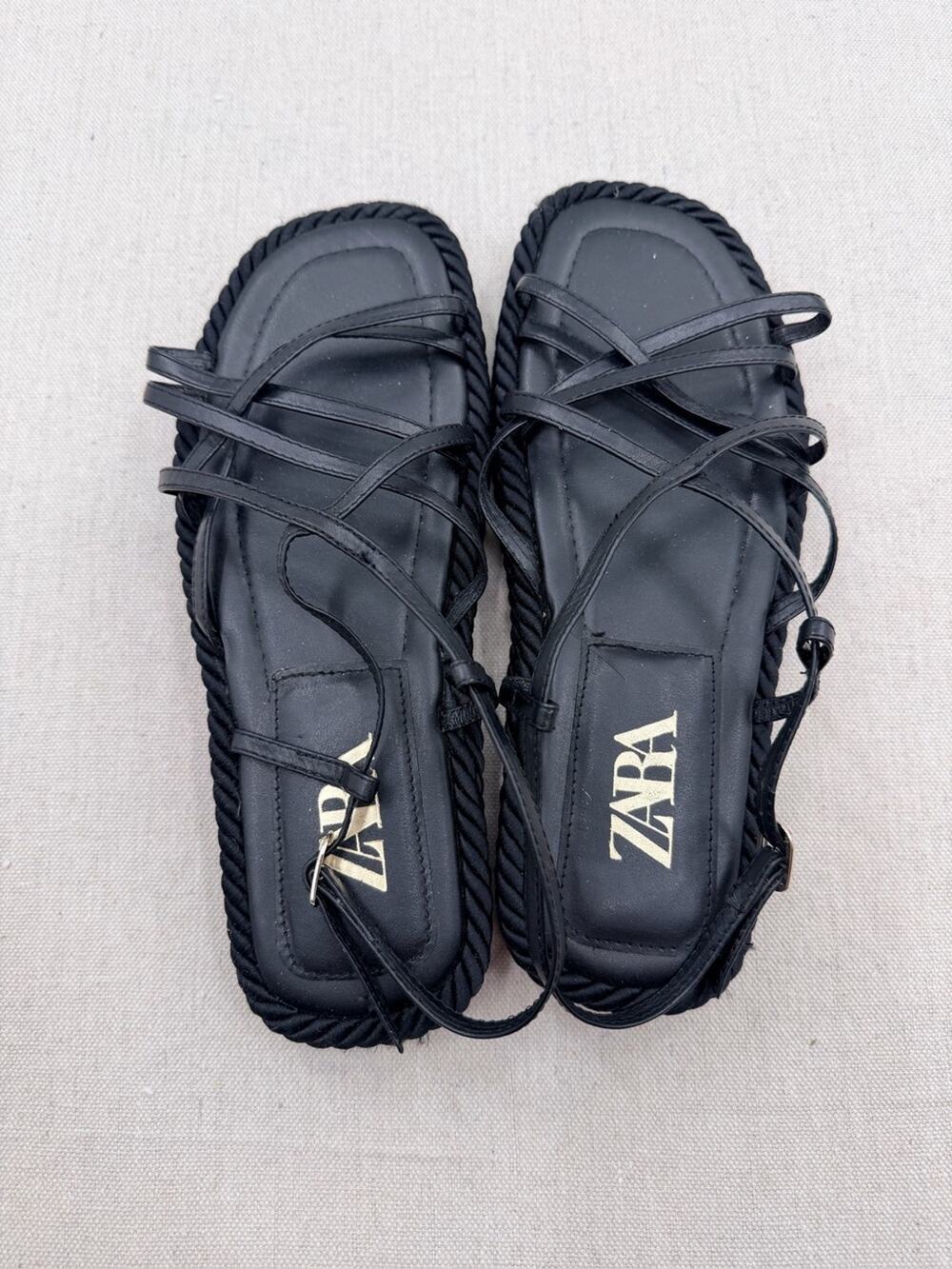 ZARA Black Lace-Up Rope-Trim Flat Sandals
